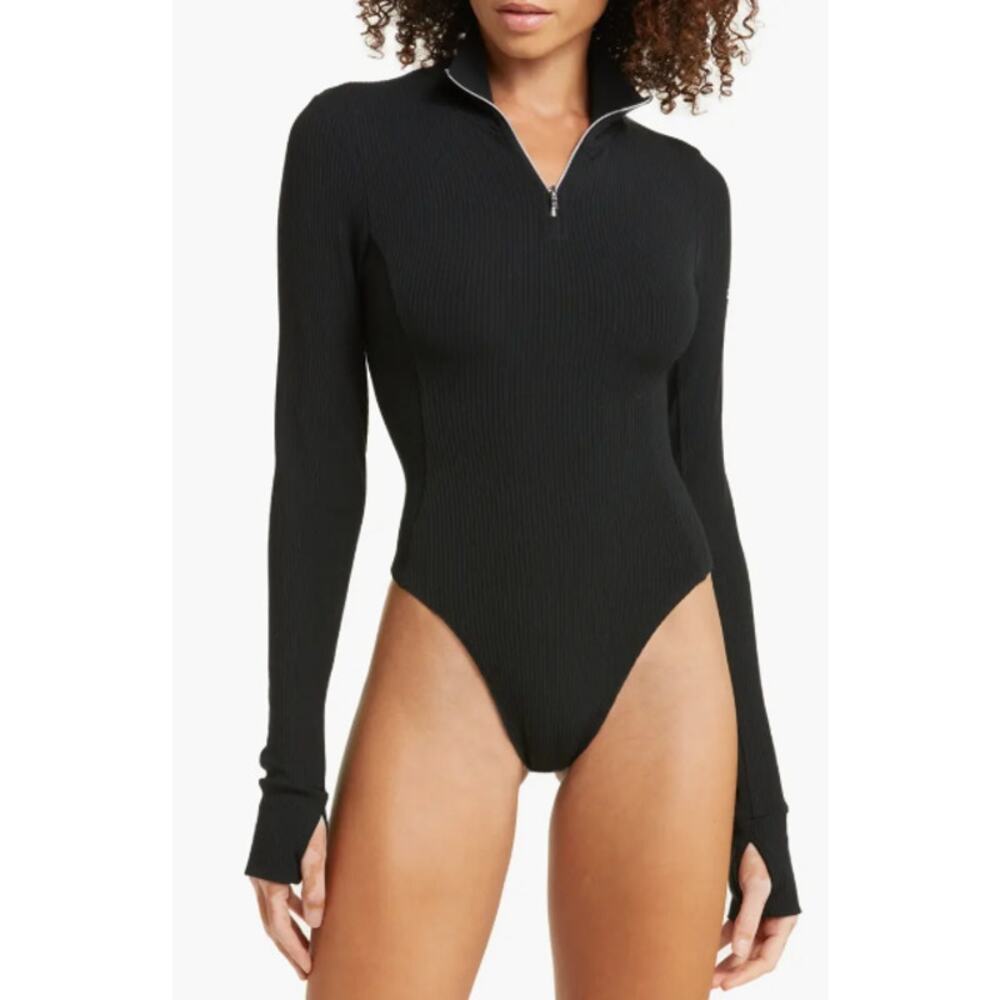 ALO Yoga Black Ribbed Zip Front Bodysuit Size Small